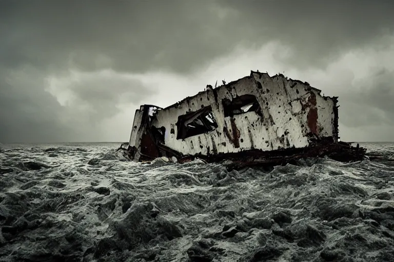 Prompt: danila tkachenko, low key lighting, a ship wreck, an abandoned high soviet apartment building in the middle of the stormy ocean, storm, lighning storm, crashing waves, dramatic lighting