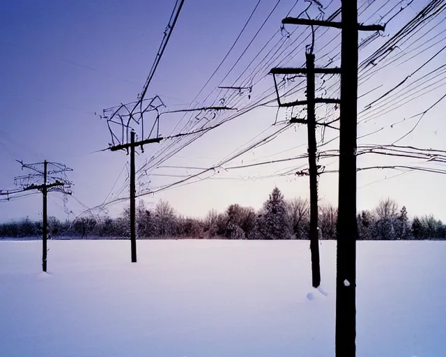 Image similar to a field covered in snow with power lines above it, a photo by kazys varnelis, featured on flickr, ecological art, photo taken with provia, matte photo, photo, at dawn