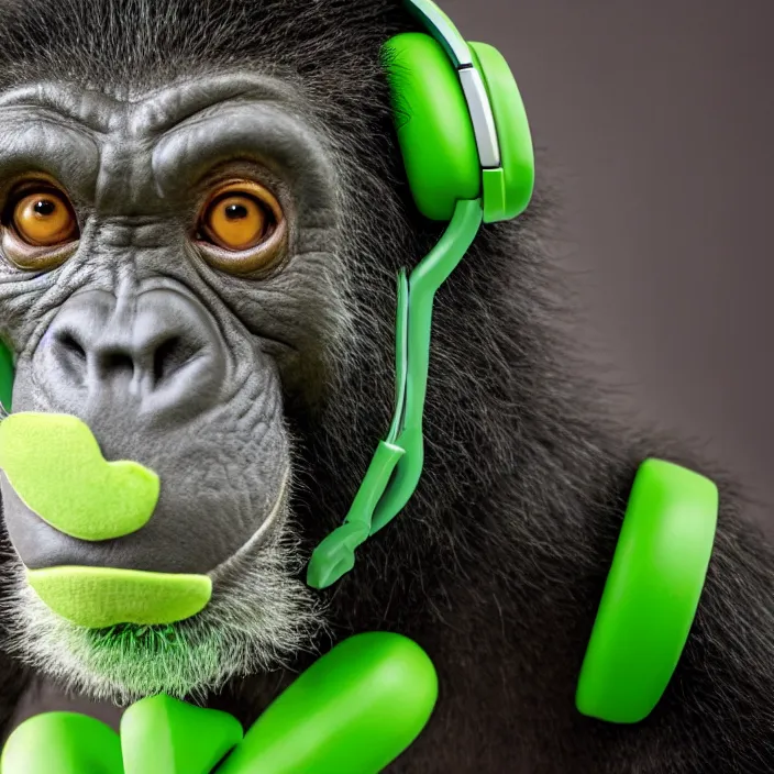 Image similar to a high quality photo of a green chimp wearing headphones, realism, 8k