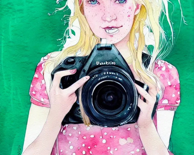 Image similar to pale young woman with bright blonde hair, freckles, big bright eyes and a very wide face, flowery dress, she is holding a professional dslr camera close to her face with her hands, expressive, surrealism, emotional watercolor art by conrad roset