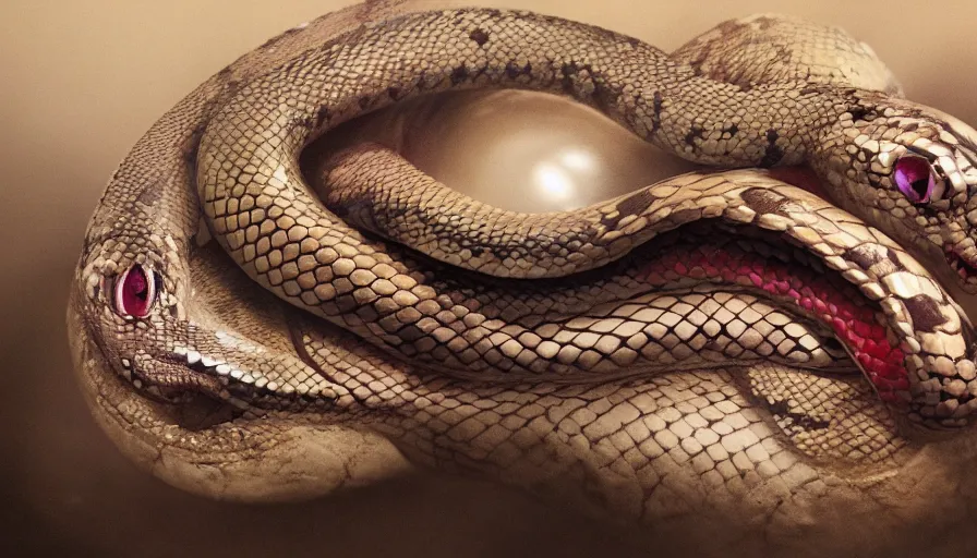 Prompt: hybrid of a [ happy snake with diamond eyeballs ] and [ sad clown ], rule of thirds, beautiful detailed face, ultra realistic, concept art, intricate details, serious, highly detailed, photorealistic, octane render, 8 k, unreal engine, detailed oil painting.