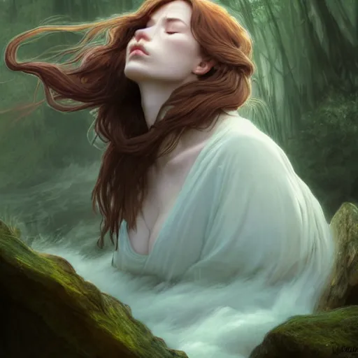 Image similar to wide angle, cloaked woman, sleeping on rock in river, white green brown blue color palette, eyes closed, forest, female, d & d, fantasy, intricate, elegant, highly detailed, long red hair, digital painting, artstation, octane render, concept art, matte, sharp focus, illustration, hearthstone, art by artgerm, alphonse mucha johannes voss