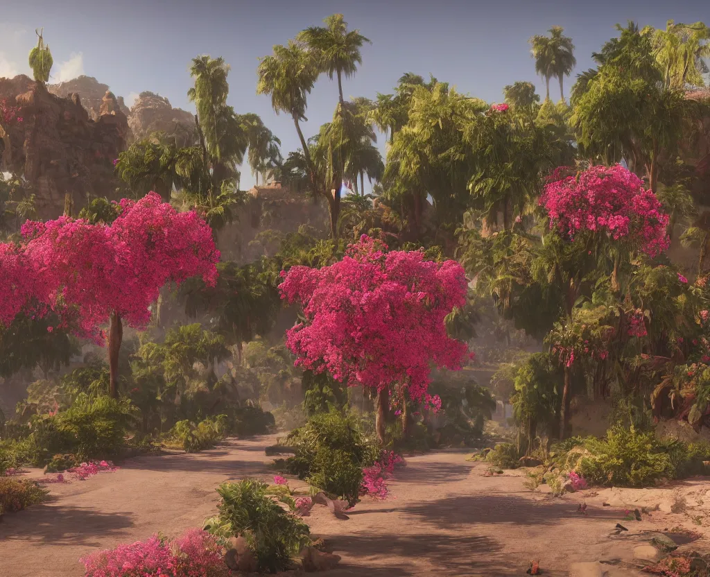 Image similar to a very beautiful scene, ambient occlusion render. desert road with bougainvillea, ruins, hyperrealistic, 4 k. wide angle. wild. deep focus, lovely scene. concept art. unreal engine.
