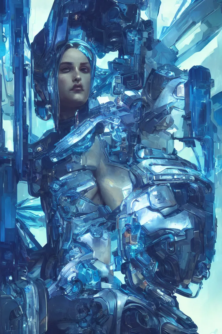 Image similar to a hyper detailed painting of a cyberpunk TV, blue tones, highly detailed, digital painting, artstation, concept art, smooth, sharp focus, illustration, art by artgerm and greg rutkowski and alphonse mucha