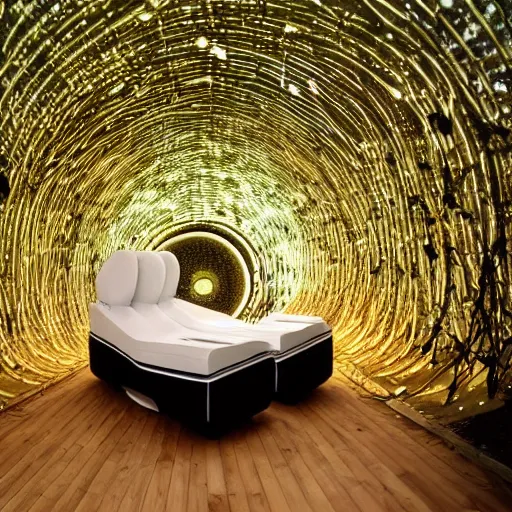 Image similar to cybernetic sleeping pods, diverse humans sleeping individual healing pods, humans sleeping in healing pods, wide wide angle, night, elaborate, forest, highly detailed, dim lighting