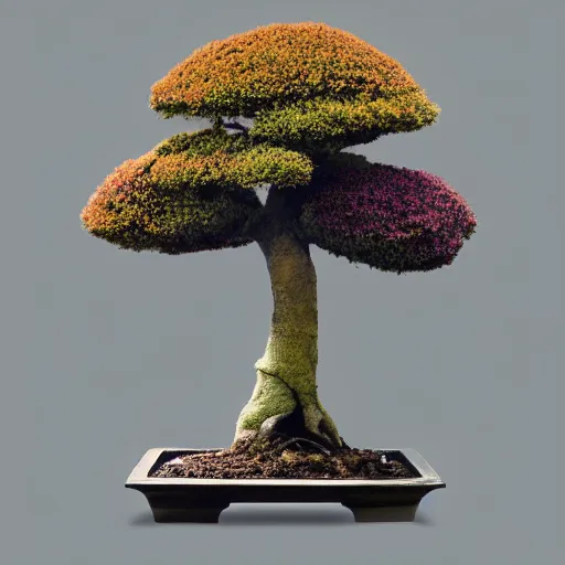 Image similar to A picture of a planet of various flowers, fungus and plants, Bonsai , in which the human figure is dressed in something magical and impressive, inside the picture is infinity, muted light, BotanicalAtmospheric phenomenon, artistic photography, muted colors, conceptual, Kodachrome