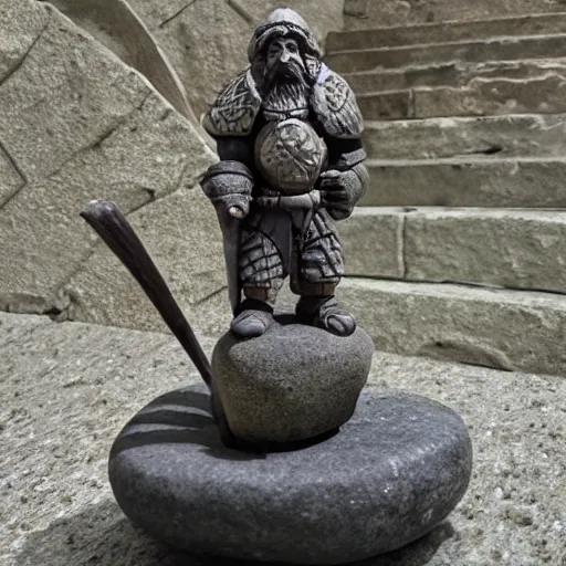 Image similar to Confused warrior dwarf standing on stone spiral staircase