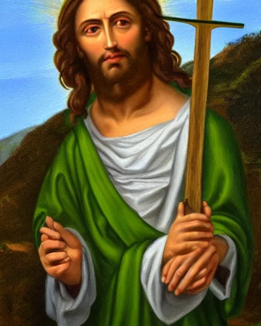 Prompt: detailed painting of jesus christ holding up a green bottle