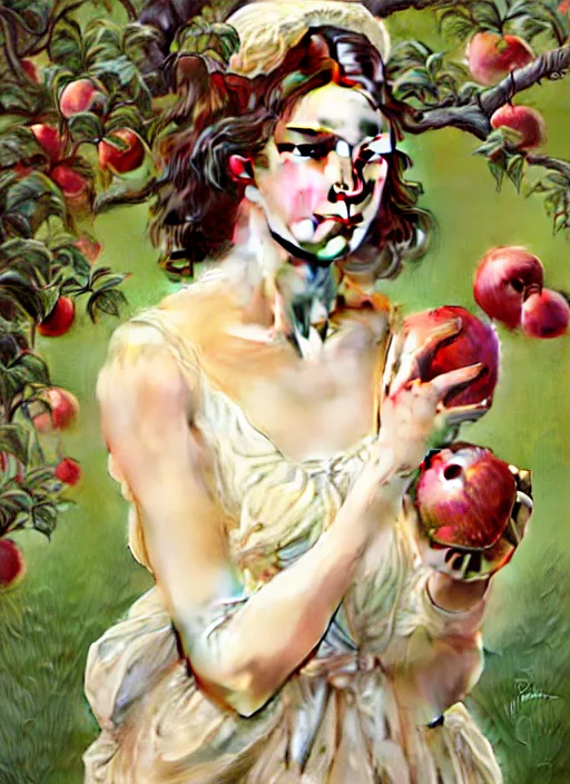 Image similar to symmetry!! portrait of young woman cursed with ever - increasing intelligence beauty and virtue, slice - of - life, realism, in apple orchard!! intricate, elegant, highly detailed, digital painting, artstation, concept art, smooth, sharp focus, illustration, art by artgerm and greg rutkowski and alphonse mucha