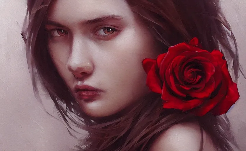 Image similar to a painting of virtualrose trending on artstation in the style of greg rutkowski, beautiful, young female, sensual, natural skin, brown hair, red rose in hair, natural sensuality