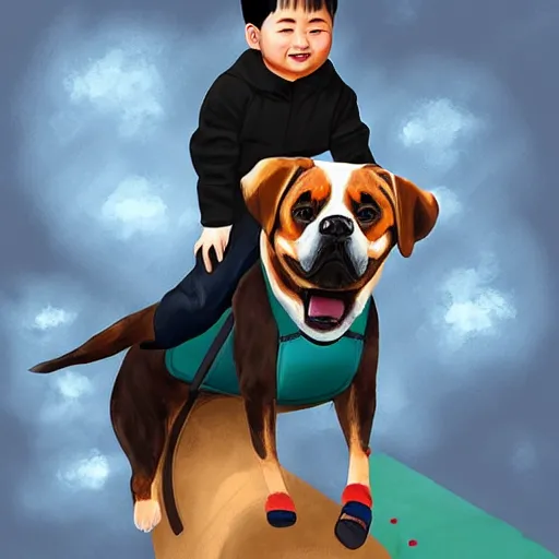 Image similar to chinese boy riding on top of a rottweiler, digital painting