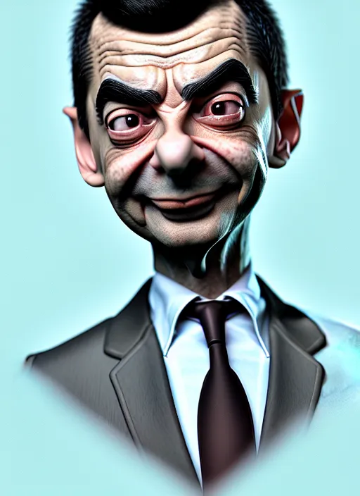 Image similar to highly detailed pencil sketch caricature portrait of silly mr bean gangster by ross tran, by greg rutkowski, brush strokes, 4 k resolution, light blue pastel background