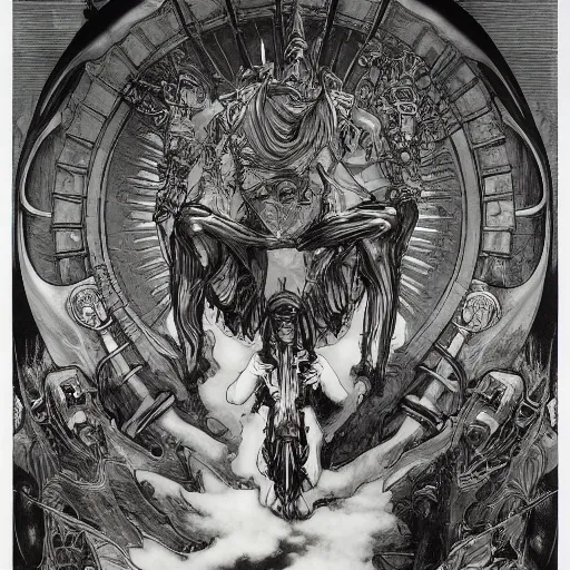 Prompt: gustave dore james gurney greg rutowski yoji shinkawa apophasis shintaro kago apophasis hyperrealism alphonse mucha victo ngai hyperrealism evil satanic shamanic deity combat mech demigod powerful cyborg death god hell hellscape damned souls horrid hyperrealism