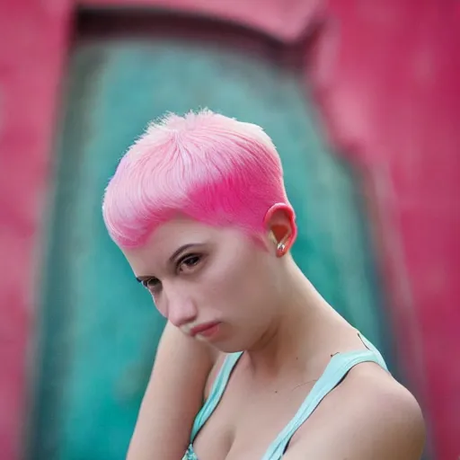 Image similar to a beautiful woman with pink hair and fair skin, portrait photograph, nikon 3 5 mm, photograph