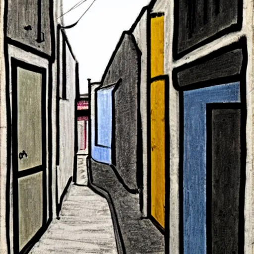 Image similar to a narrow alley in golden gai as depicted by lee ufan and hilma af klint and sketched by osamu tezuka