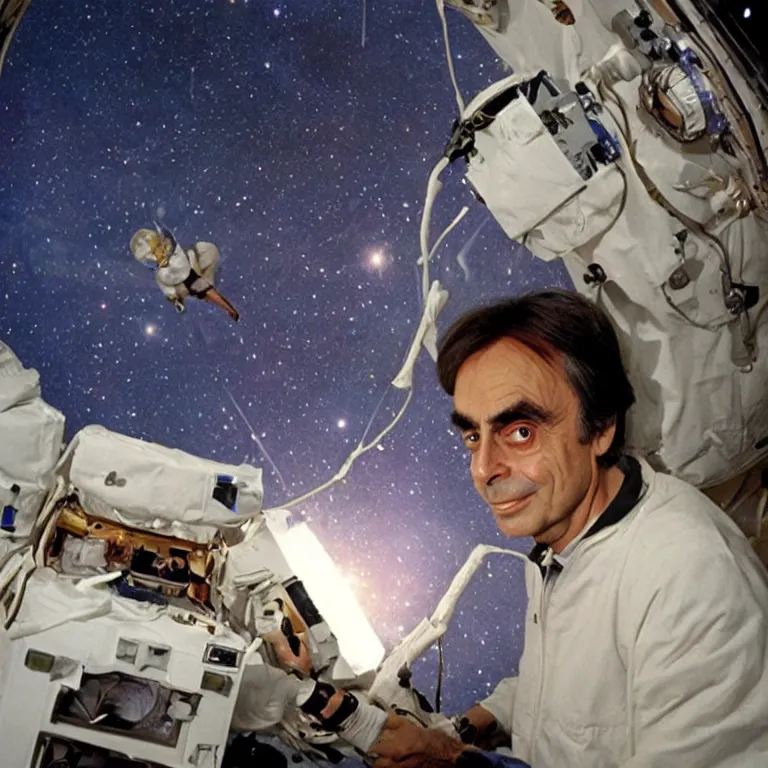 Prompt: Carl Sagan in outer space.