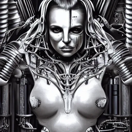Image similar to britney spears encased in biomechanical machine, heavy conduits, complex scene, rich composition, heavy in detail, corruption, smooth, sharp focus, airbrush, illustration, symmetrical, portrait, art by h. r. giger