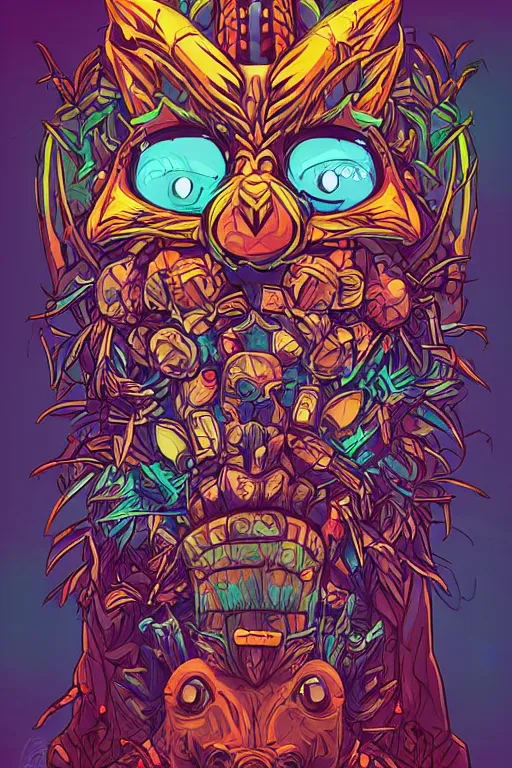 Image similar to totem animal mask tribal feather gemstone plant wood rock shaman vodoo video game vector illustration vivid multicolor borderlands comics by josan gonzales and dan mumford radiating a glowing aura