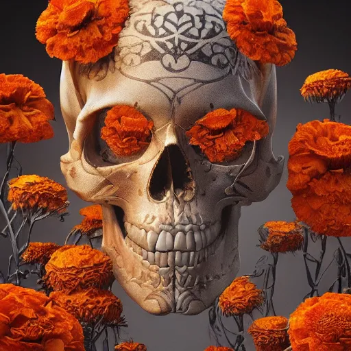 Image similar to skulls and marigold, intricate artwork by Tooth Wu and wlop and beeple. octane render, trending on artstation, greg rutkowski very coherent symmetrical artwork. cinematic, hyper realism, high detail, octane render, 8k, orange and black tones