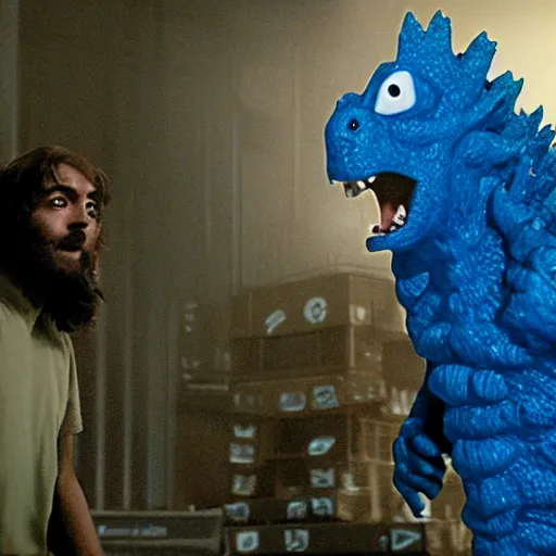 Image similar to a film still of bluey as godzilla