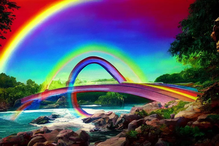 Prompt: Rainbow bridge leads through the horizon, landscape, trending on artstation