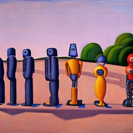 Image similar to robots queue up for water slide, grant wood, pj crook, edward hopper, oil on canvas