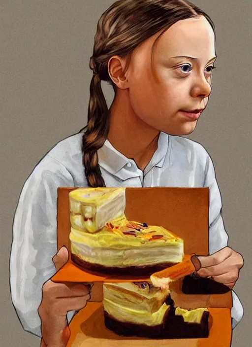 Image similar to greta thunberg eating cakes painted by salvador dali, detailed digital art, trending on Artstation