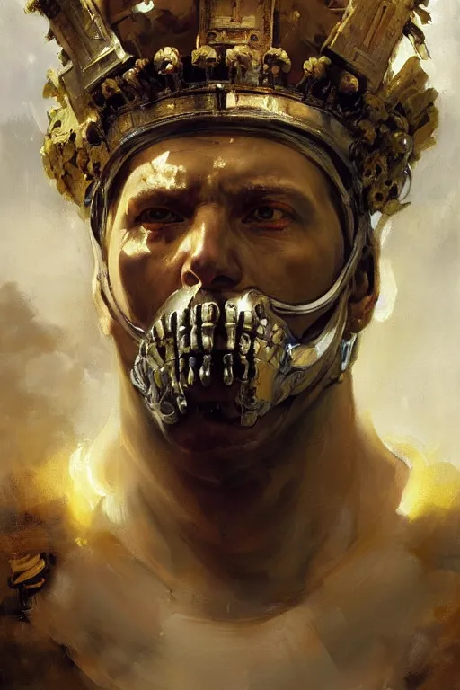 Image similar to beautiful expressive oil painting portrait of ancient roman god emperor cyborg with a skull mask ascending wearing the civic crown, art by anders zorn, wonderful masterpiece by greg rutkowski, beautiful cinematic light, american romanticism by greg manchess, jessica rossier