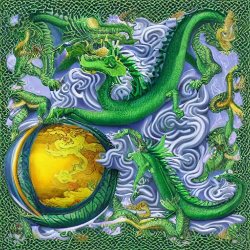 Image similar to a painting of a green dragon on a white background, a dragon orb, magical sphere with dragons, a computer rendering by maria sibylla merian, featured on polycount, generative art, biomorphic, photoillustration, concept art