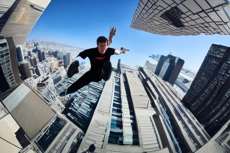 Prompt: first person perspective pov of parkour at high buildings