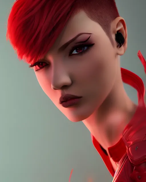 Image similar to a girl with short red hair, cool, vi from arcane, league of legends, fighter, cool red jacket, tattoo, beautiful, 3 d, potrait, art staion, studio light, closeup shot, octane render, wlop, realistic, neon