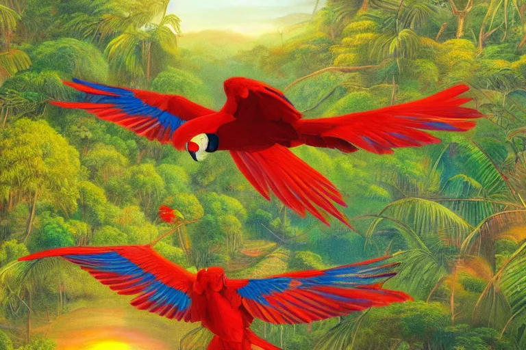 Prompt: gorgeous scarlet macaws flying at beautiful sunset in the distance through the forest, jungle mountains in the background, highly detailed, trending on art station, very detailed birds, viva la vida art by coldplay