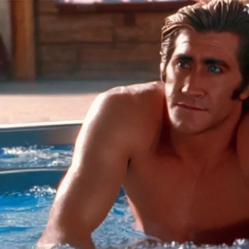 Image similar to a movie poster of Jake Gyllenhaal as patrick Swayze sitting in a hot tub in the movie Road House