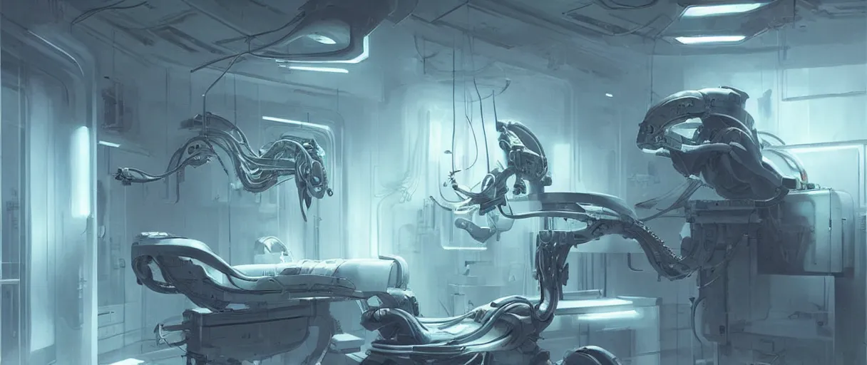 Image similar to neon surgery scanning machine cyberpunk futuristic, in a white room, art by giger, greg rutkowski