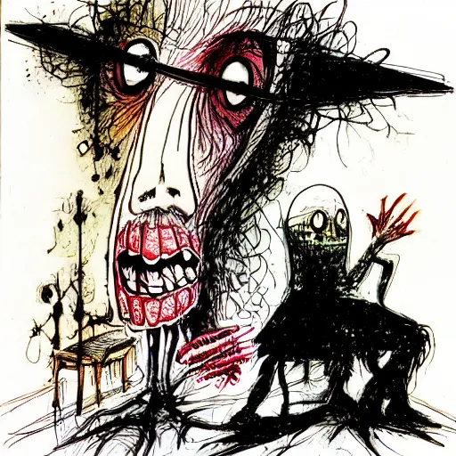 Image similar to faustian bargain, art by ralph steadman