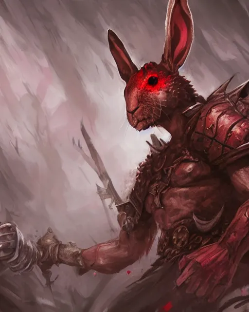 Image similar to Rabbit Berserker, rage, maniac, war paint, red, Khorne, magic the gathering artwork, D&D, fantasy, cinematic lighting, centered, symmetrical, highly detailed, digital painting, artstation, concept art, smooth, sharp focus, illustration, volumetric lighting, epic Composition, 8k, art by Akihiko Yoshida and Greg Rutkowski and Craig Mullins, oil painting, cgsociety