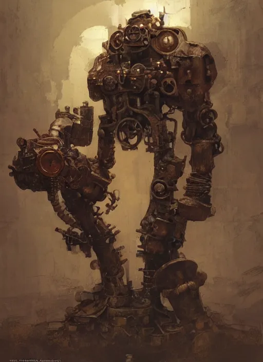 Prompt: bronze golem im steampunk workshop, intricate, elegant, highly detailed, john park, frazetta, sparth, ruan jia, jeffrey catherine jones