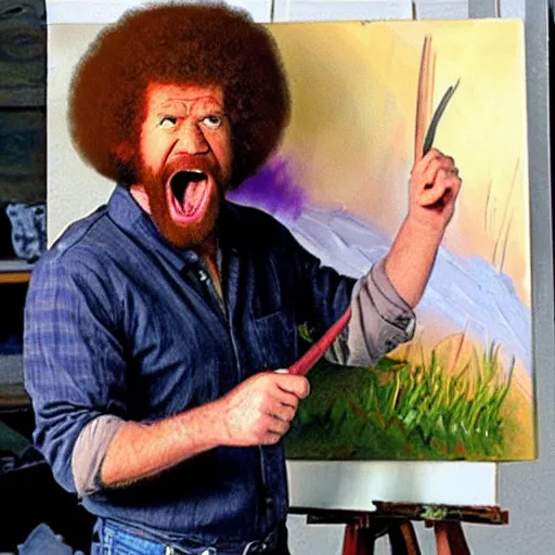 Prompt: insanely angry bob ross screaming at painting mistake