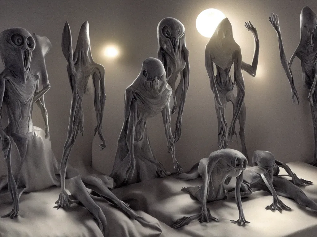 Prompt: !three! sinister grey aliens standing around my bed at night, moonlit bedroom, vivid and detailed, photorealistic