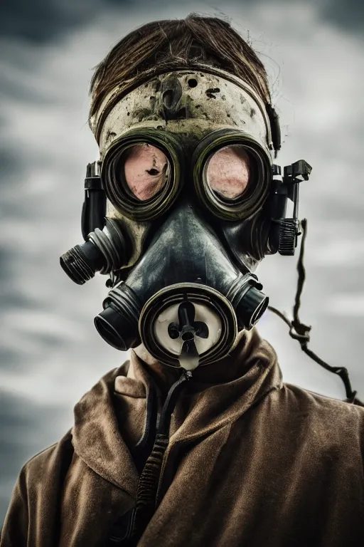 Image similar to an award winning portrait photo of a person wearing a gas mask and hard helmet, postapocalyptic, 4 k, high quality, sharp focus