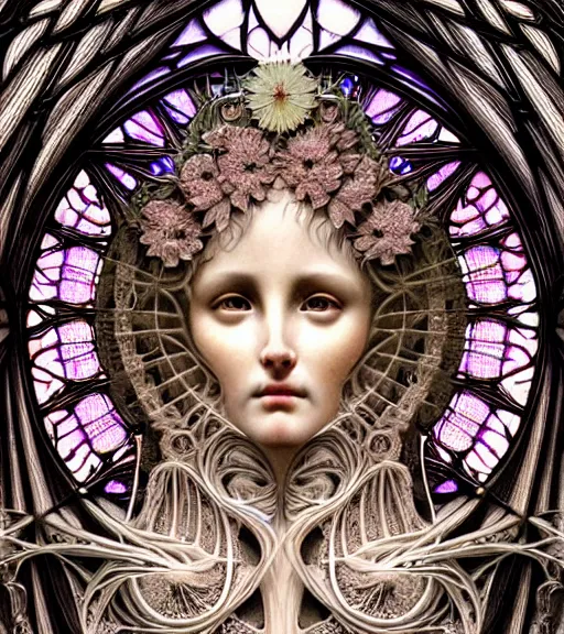 Image similar to hyperrealistic detailed face portrait of a beautiful young goddess morphing into a gothic cathedral, authentic ornamental architecture, intricate and highly detailed, awe inspiring art by ernst haeckel, h. r. giger, alphonso mucha, android jones, james jean, gothic, neo - gothic, heavily ornamental, nice deep colours,