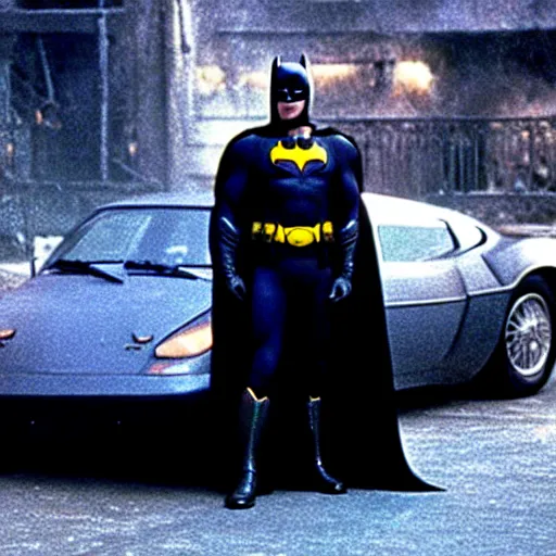 Image similar to henry cavill as batman in batman ( 1 9 8 9 ), standing next to the batmobile, by tim burton, dark deco, gotham city, film still