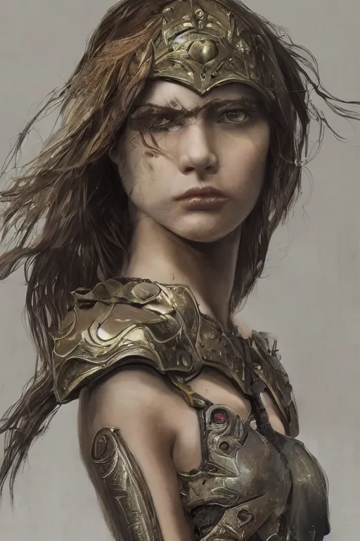 Image similar to a photorealistic painting of an attractive young girl, partially clothed in battle armor, olive skin, long dark hair, beautiful bone structure, symmetrical face, perfect eyes, intricate, elegant, digital painting, concept art, illustration, sharp focus, minimal artifacts, from Metal Gear, in the style of Ruan Jia and Mandy Jurgens, by Greg Rutkowski, trending on Artstation, award winning