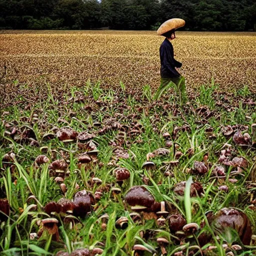 Image similar to “8k photograph man walking through field of mushrooms. National Geographic.”