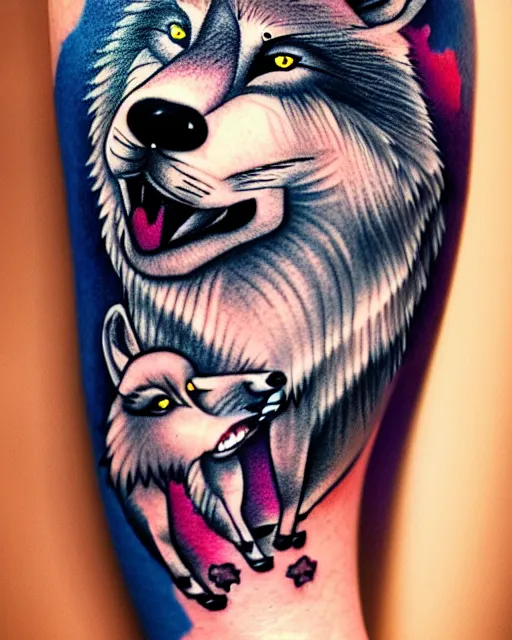 Prompt: wolf biting a cute sheep, color tatoo by marcin alexander, madame chan, mariusz trubisz, ink, glow, symmetrical, high contrast, elegant, 8 k, dark