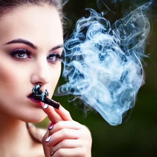 Image similar to pretty girl smoking a dab of concentrates and blowing a heart-shaped smoke ring