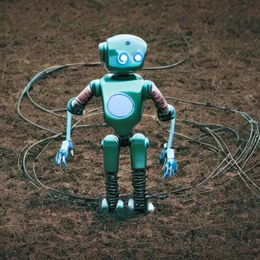 Image similar to robot with wires around the land creepy, nightmare