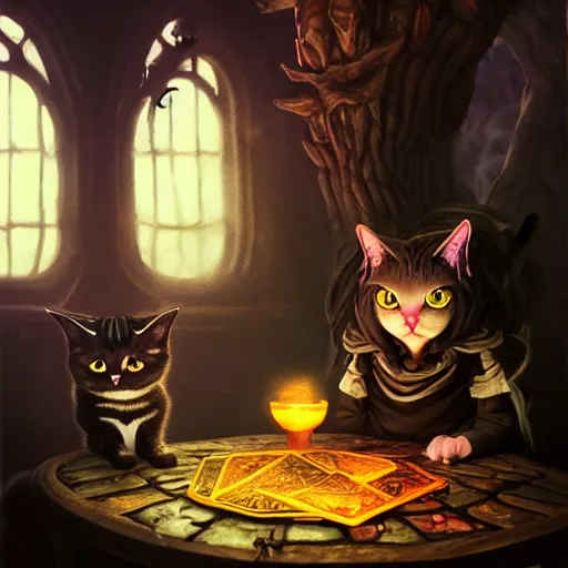 Prompt: Cat Witch, evil, brewing potion in witch Hut, magic the gathering artwork, horror, D&D, fantasy, cinematic lighting, centered, symmetrical, highly detailed, digital painting, artstation, concept art, smooth, sharp focus, illustration, volumetric lighting, epic Composition, 8k, art by Akihiko Yoshida and Greg Rutkowski and Craig Mullins, oil painting, cgsociety