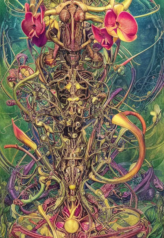 Image similar to simplicity, simple, elegant, colorful muscular robot, botany, orchids, radiating, mandala, psychedelic, garden environment, dappled sun, wolf skulls, by h. r. giger and esao andrews and maria sibylla merian eugene delacroix, gustave dore, thomas moran, pop art, biomechanical xenomorph, art nouveau, cheerful