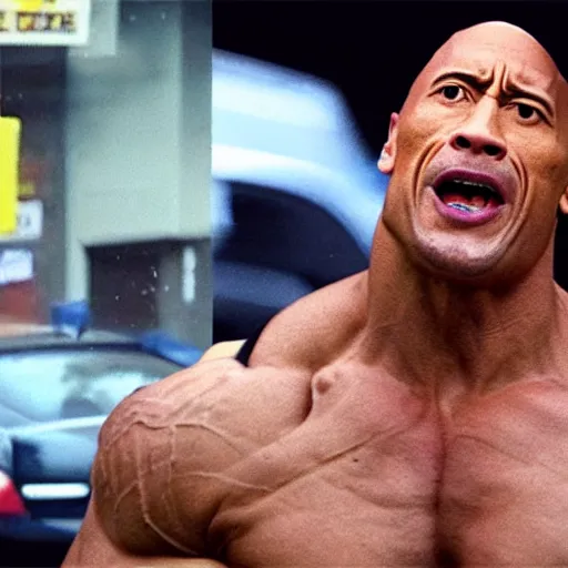 Prompt: cctv footage of angry dwayne the rock johnson in parking lot